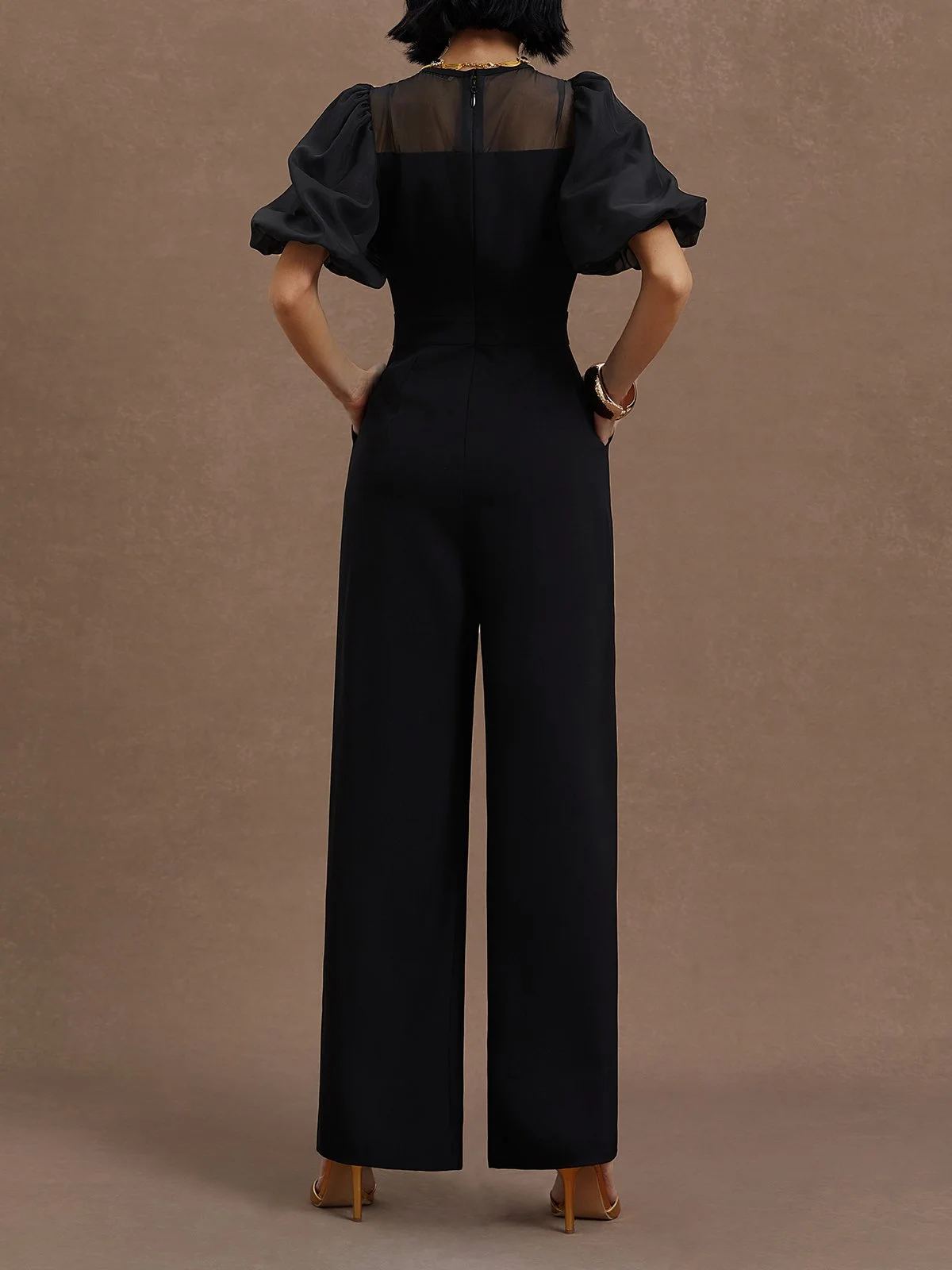 Black Puff Sleeve Regular Fit Crew Neck Jumpsuit 