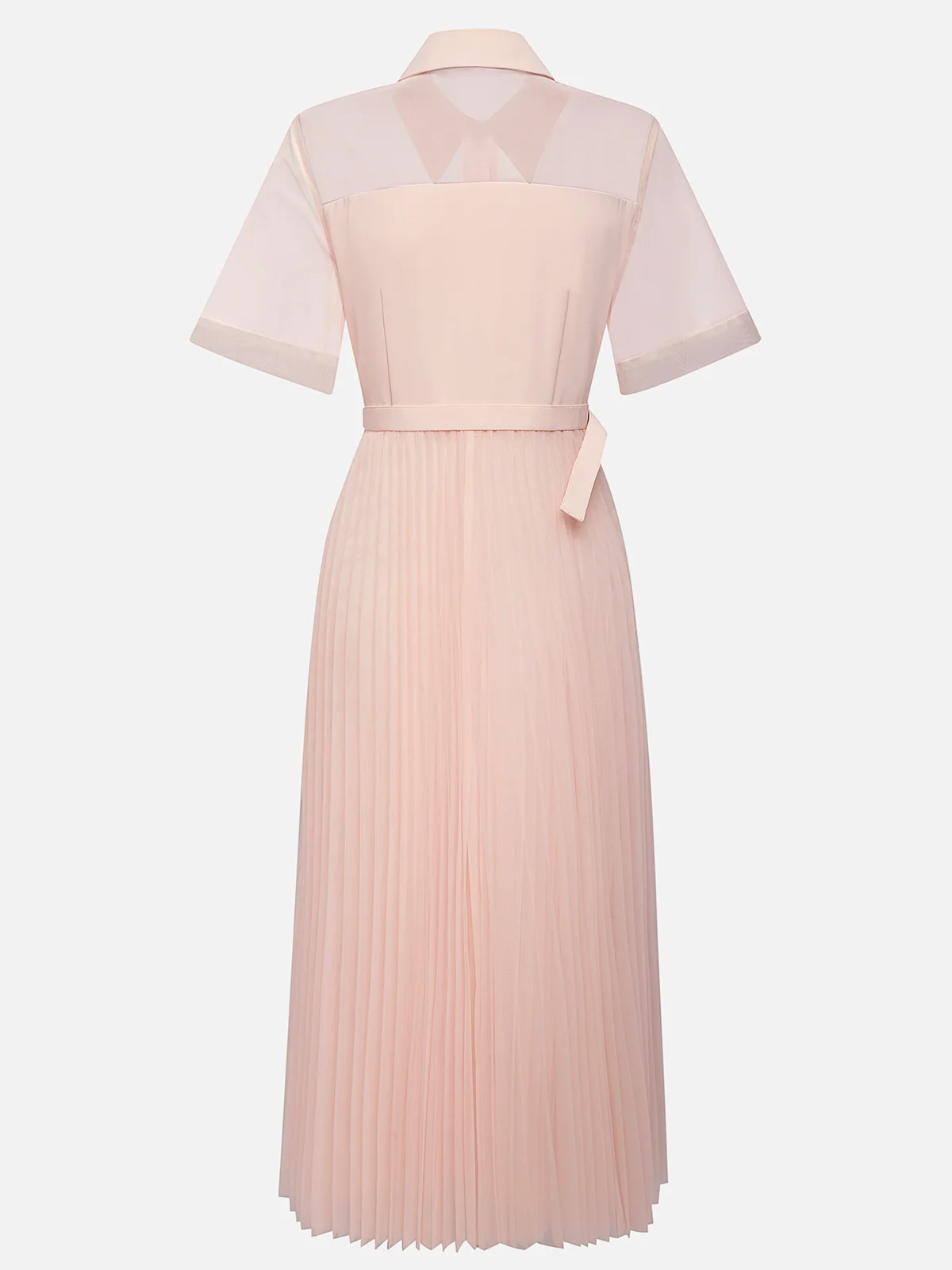 Pink Pleated Classic Shirt Collar Short Sleeve A-Line Midi Dress