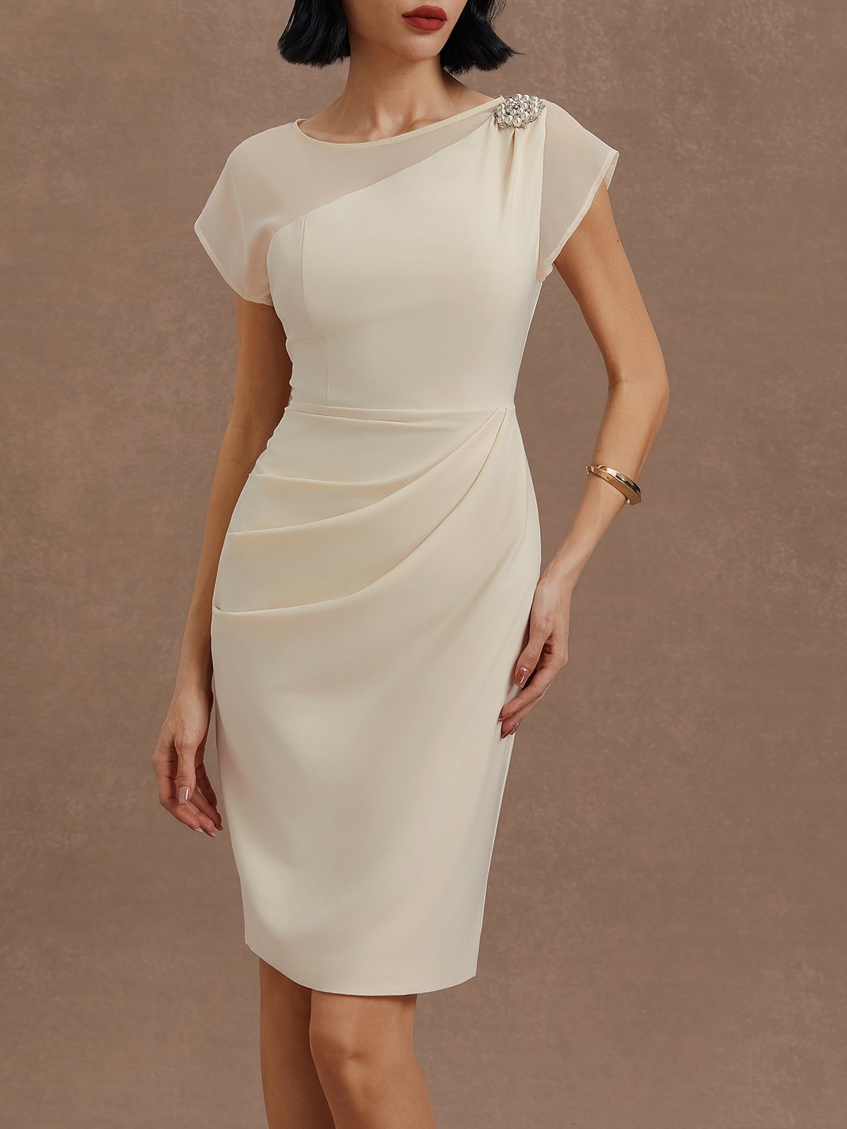 White Imitation Pearls Satin Boat Neck Cap Sleeve Sheath Midi Dress