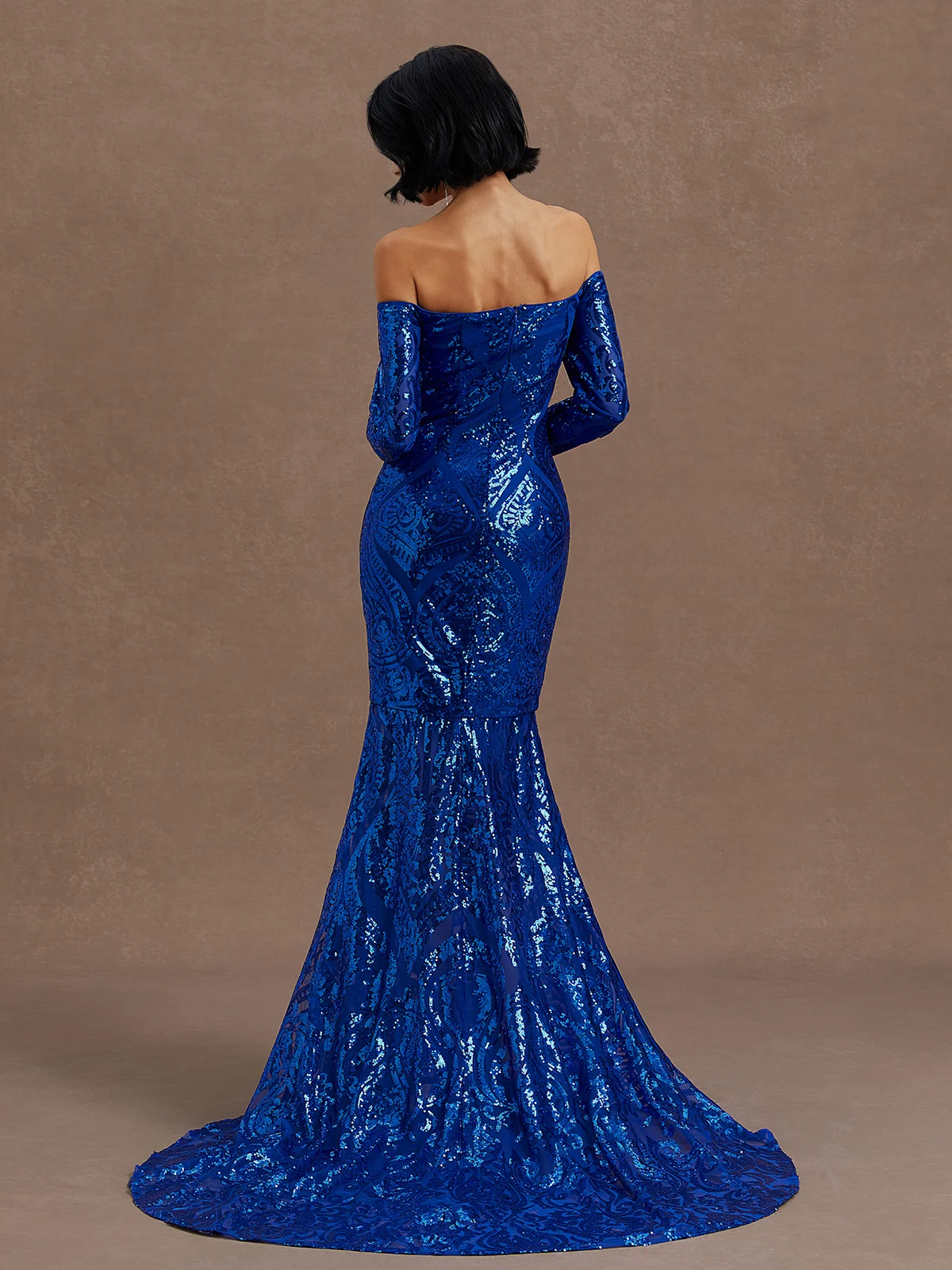 Royal Blue Glitter Wedding Dress Off The Shoulder Long Sleeve Mermaid Gown Dress