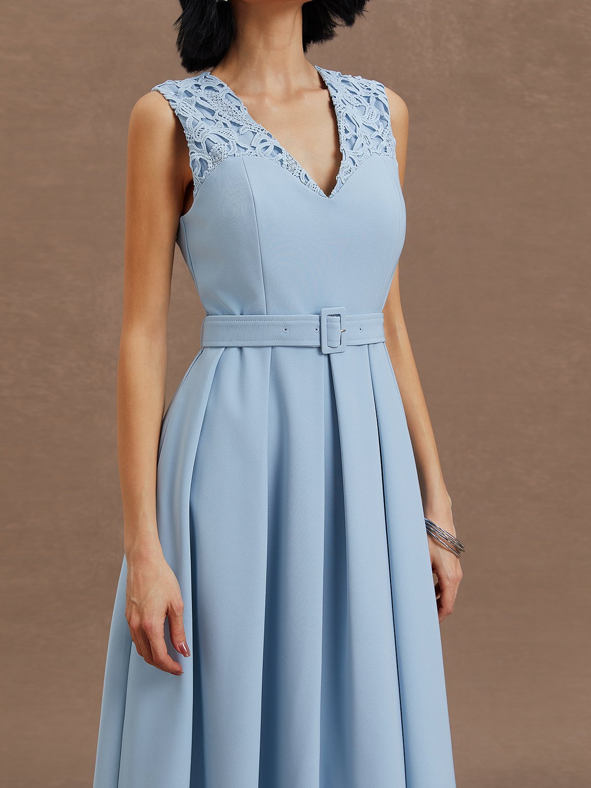 Light Blue Lace V Neck Sleeveless A-Line Midi Dress