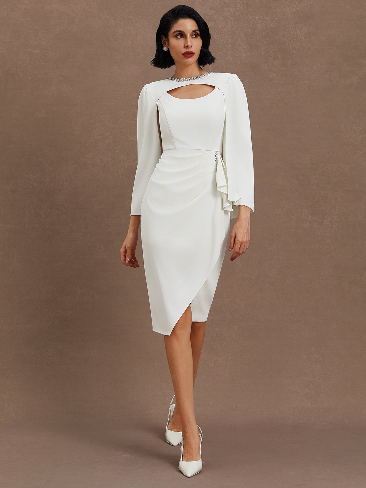 White Rhinestone  Crew Neck  Sheath Two-piece Dresses