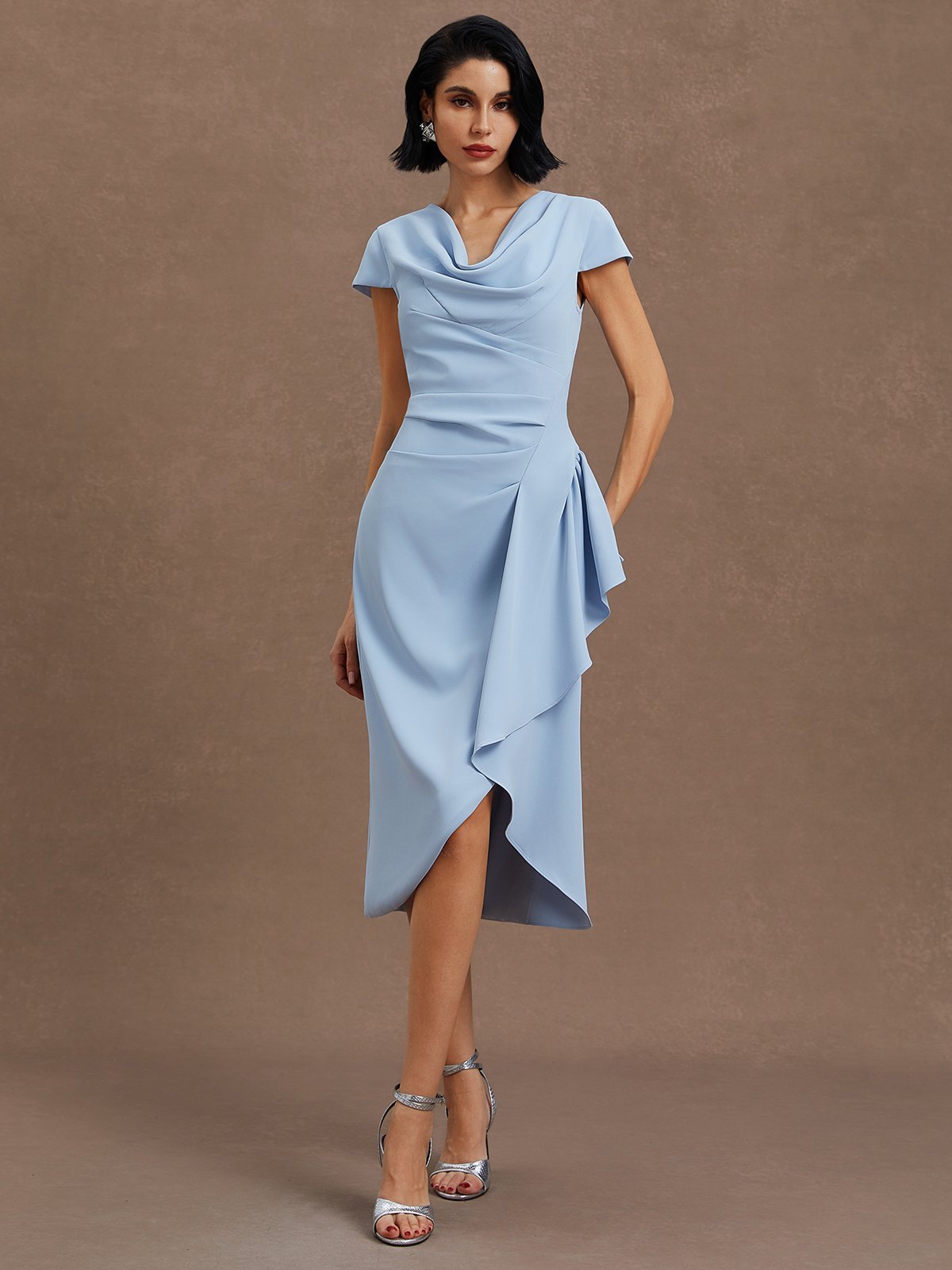 Light Blue Ruched Asymmetric Classic Cowl Neck Cap Sleeve Sheath Midi Dress