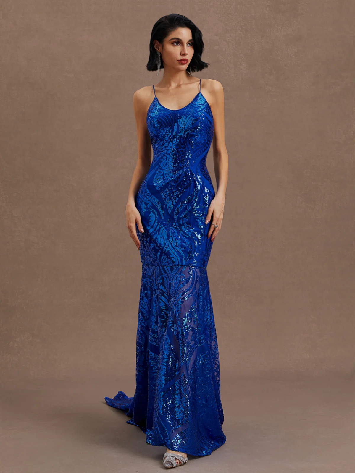 Royal Blue Lace Wedding Dress Spaghetti Sleeveless Mermaid Gown Dress