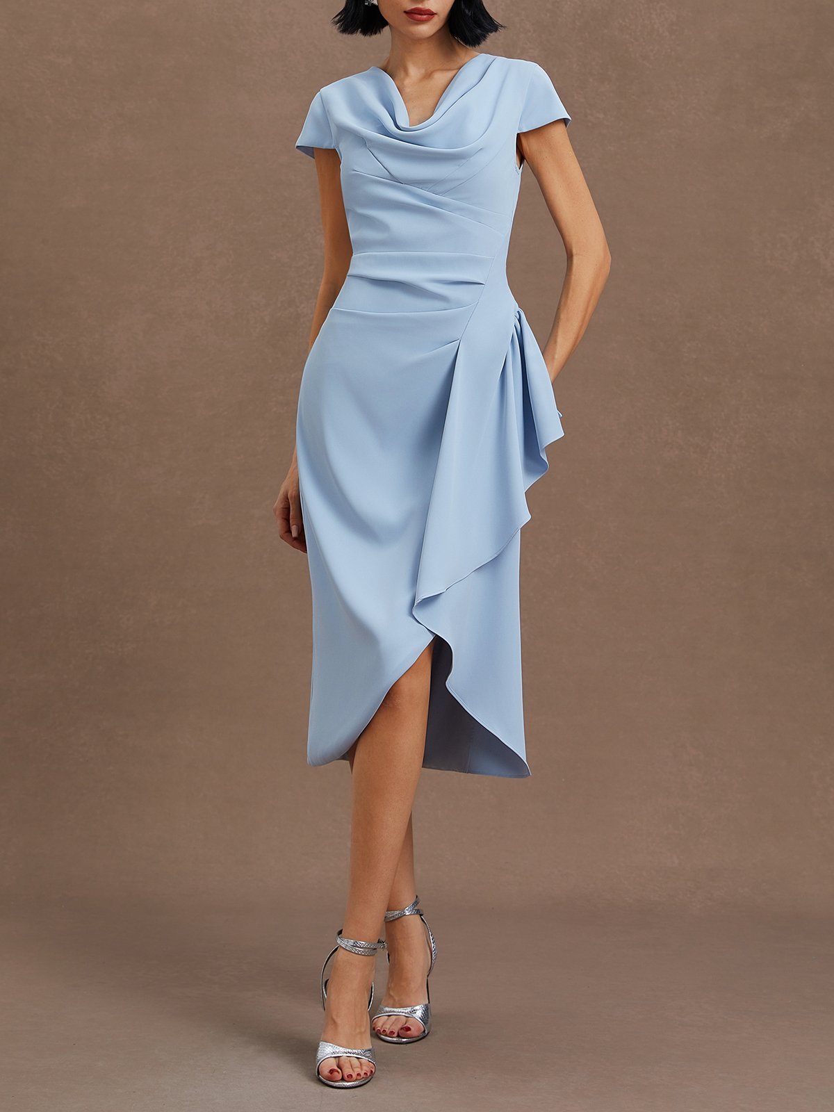 Light Blue Ruched Asymmetric Classic Cowl Neck Cap Sleeve Sheath Midi Dress