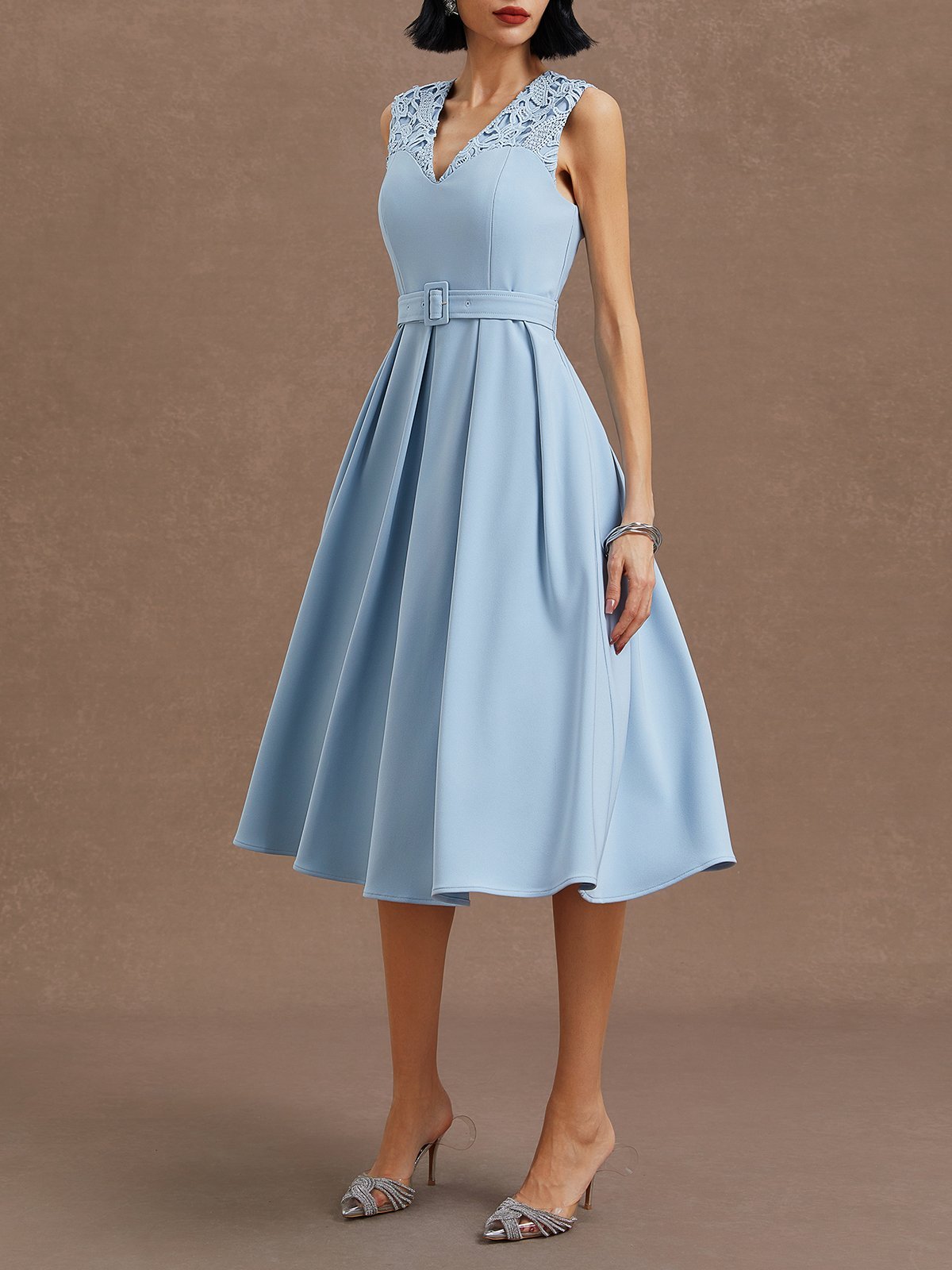 Light Blue Lace V Neck Sleeveless A-Line Midi Dress