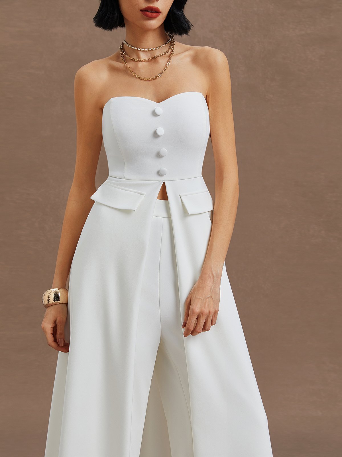 White Buckle Strapless Sleeveless Two-Piece Set