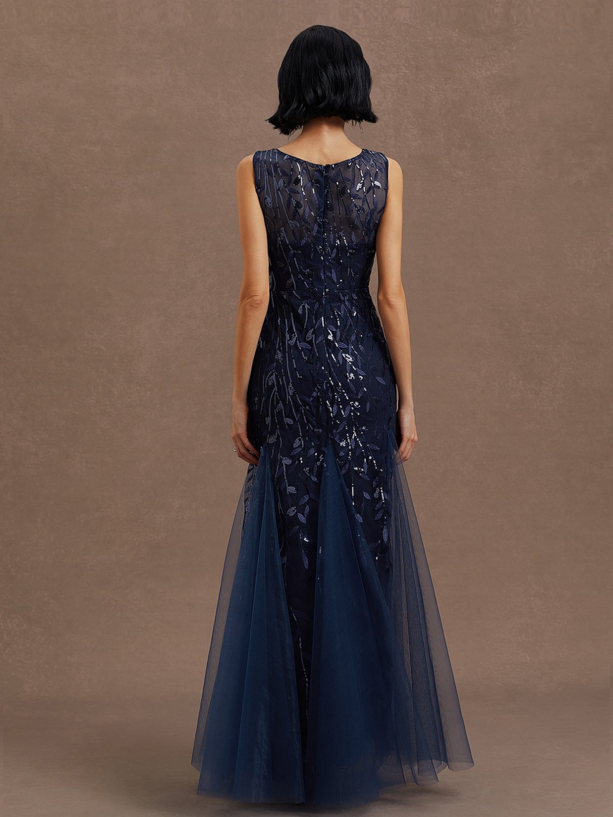Purplish Blue Lace Crew Neck Sleeveless Sheath Maxi Dress