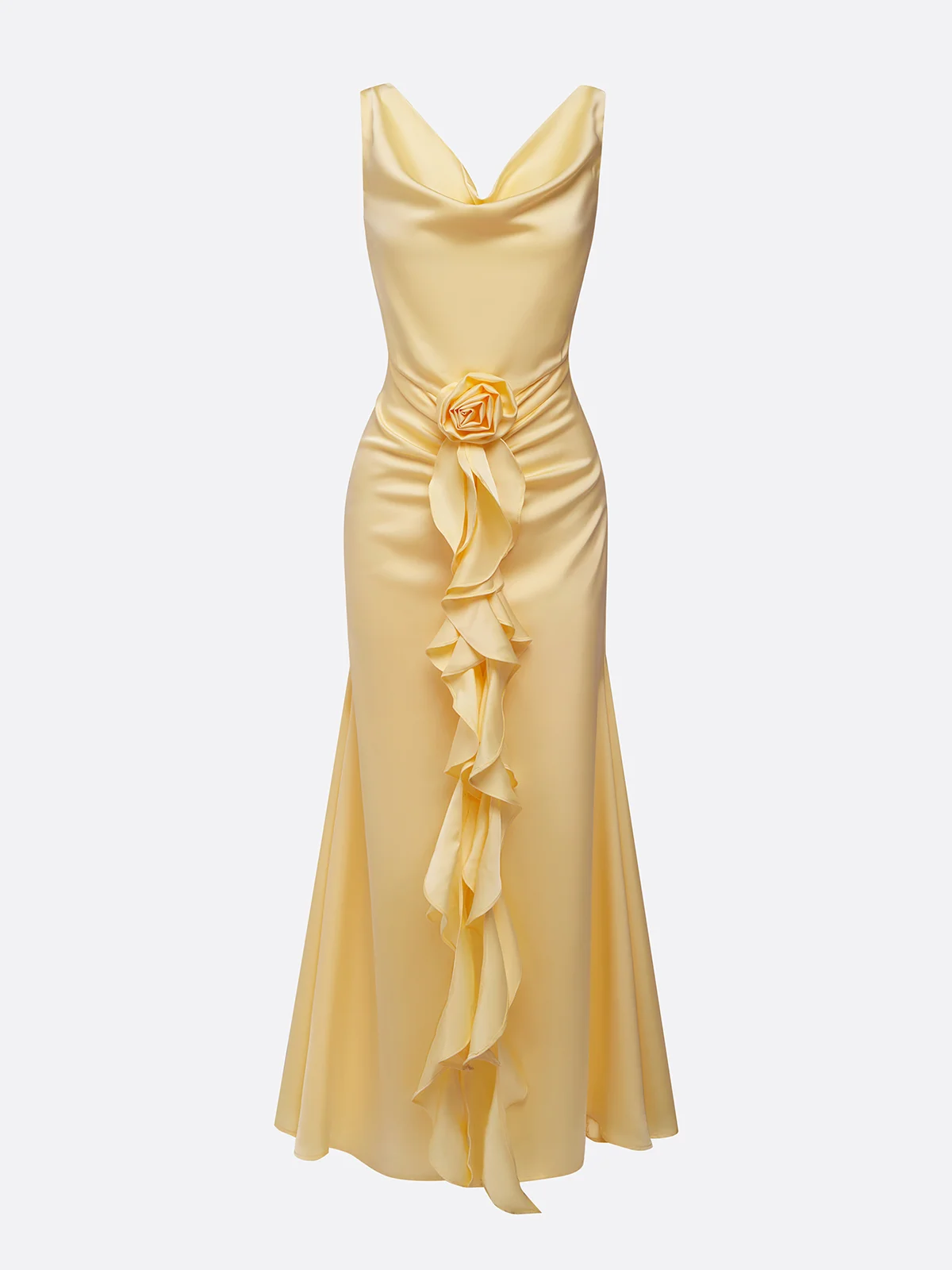 Yellow 3D Floral Ruffled Satin Cowl Neck Sleeveless Mermaid Maxi Dress