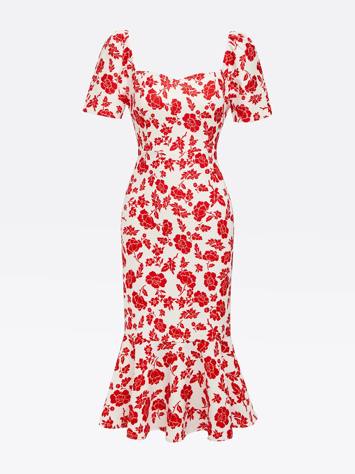 Red Floral Sweetheart Neckline Mermaid Midi Dress