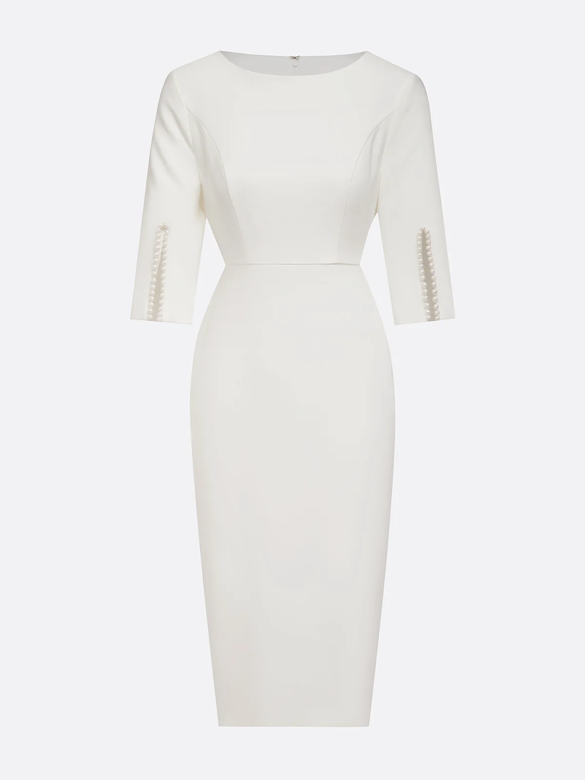 White Imitation Pearls Classic Crew Neck Half Sleeve Sheath Midi Dress