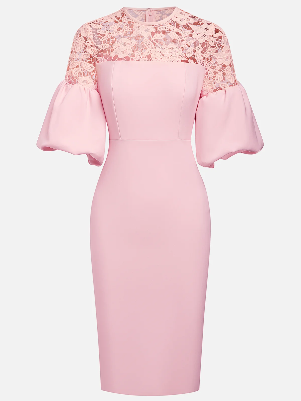 Pink Lace Classic Crew Neck Short Sleeve Balloon Sleeve Sheath Midi Dress
