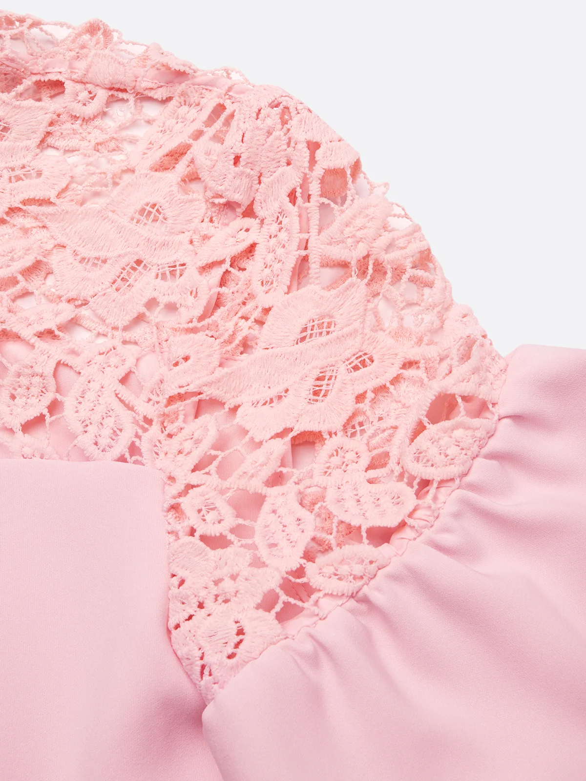 Pink Lace Classic Crew Neck Short Sleeve Balloon Sleeve Sheath Midi Dress