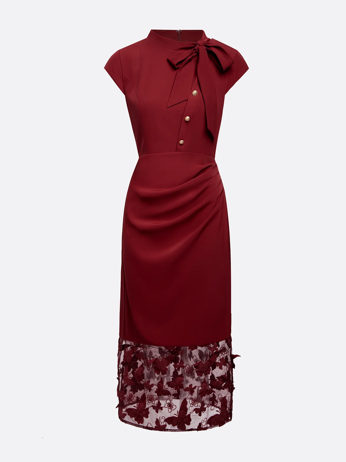 Wine Red Butterfly Lace Crew Neck Cap Sleeve Sheath Midi Dress