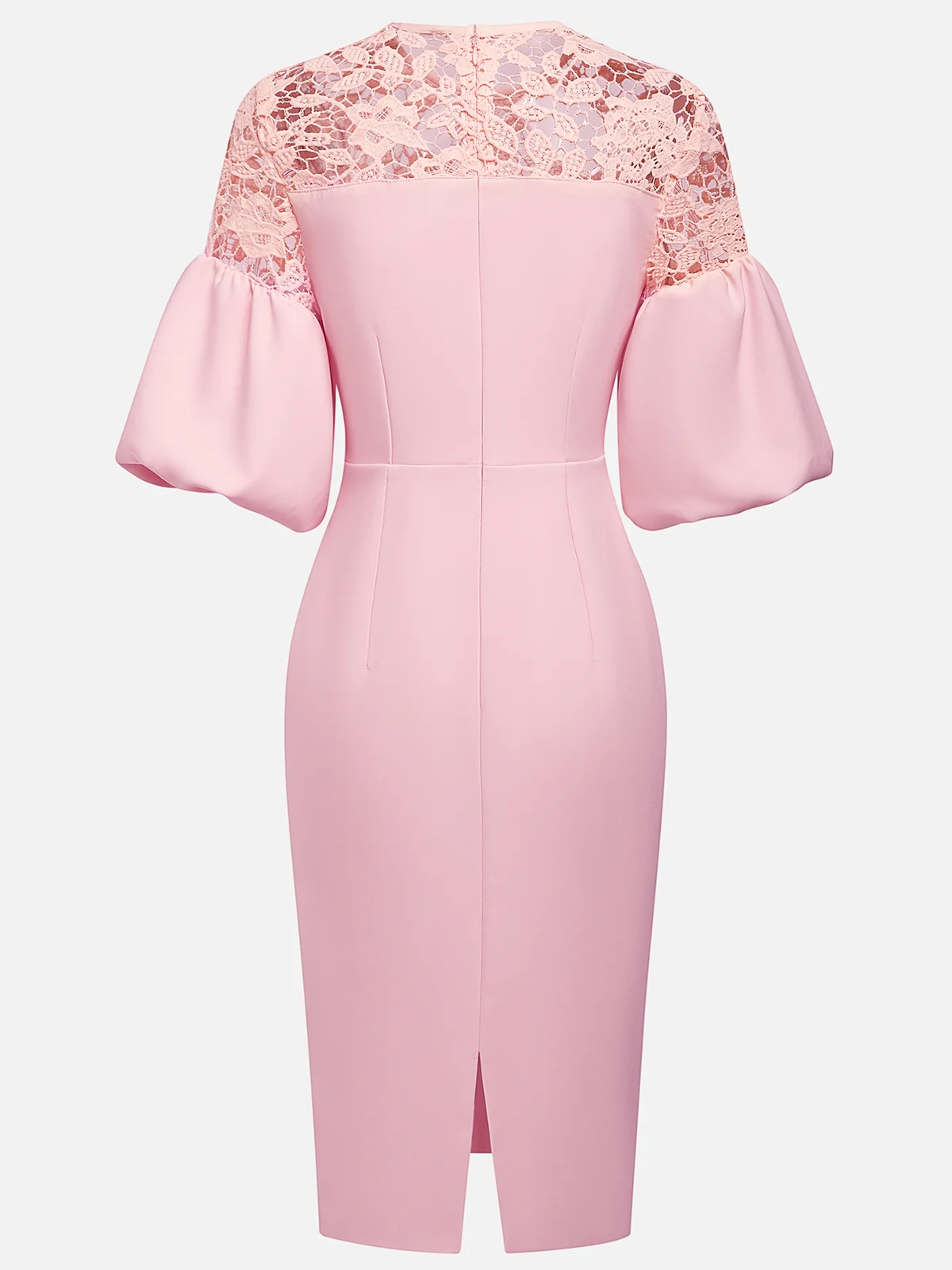 Pink Lace Classic Crew Neck Short Sleeve Balloon Sleeve Sheath Midi Dress