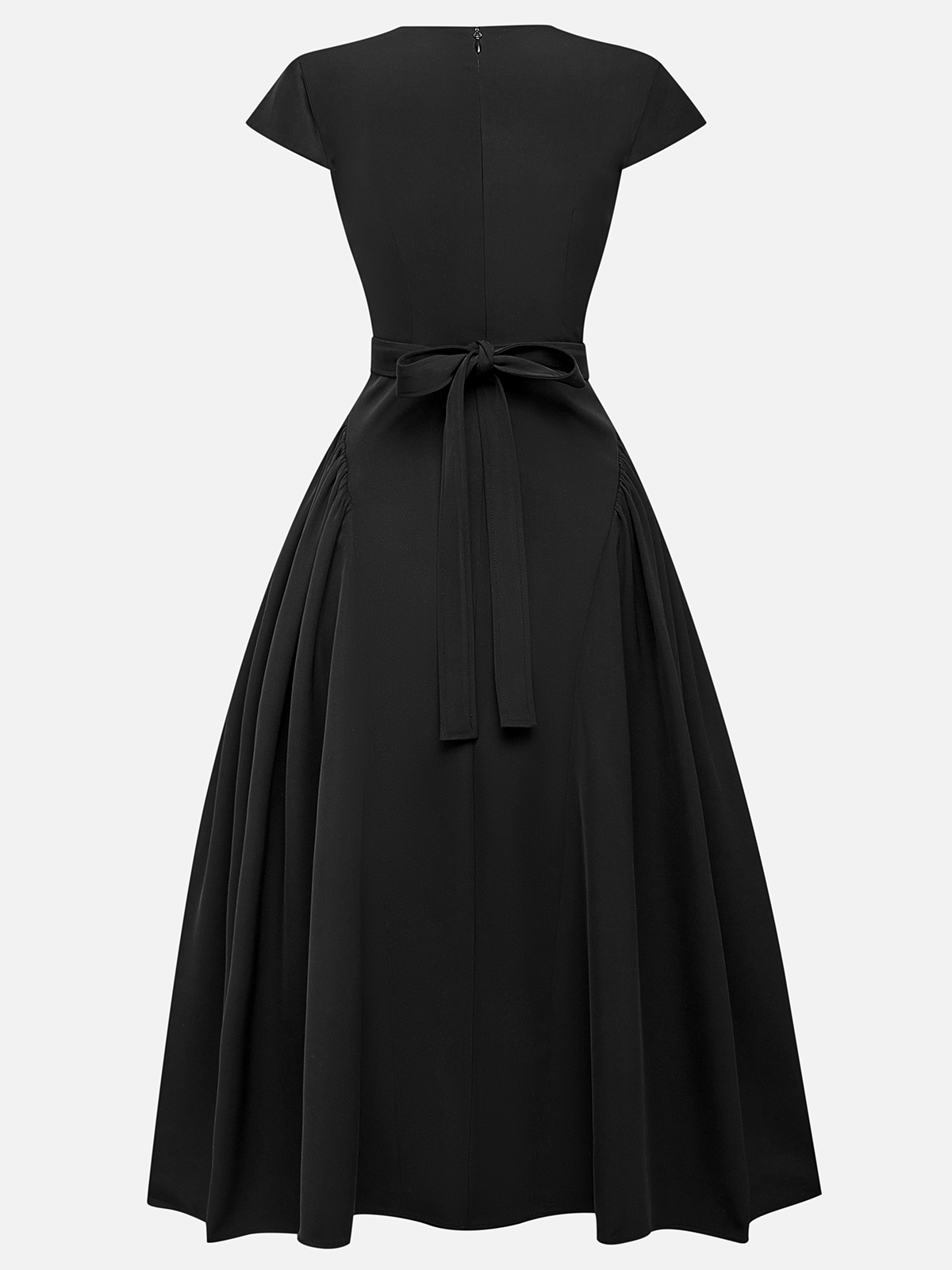 Black Rhinestone Pleated  Sweetheart Neckline Cap Sleeve A-Line Midi Dress