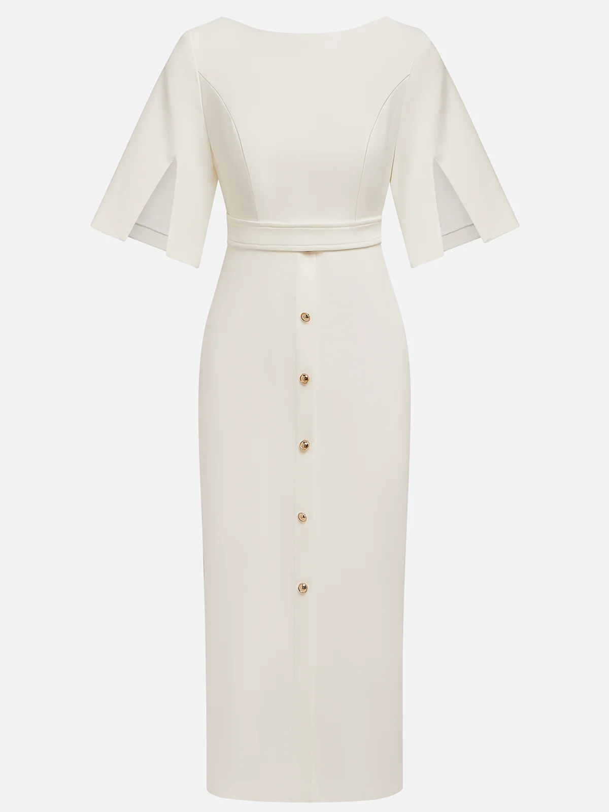 White Buckle Classic Crew Neck Short Sleeve Sheath Midi Dress