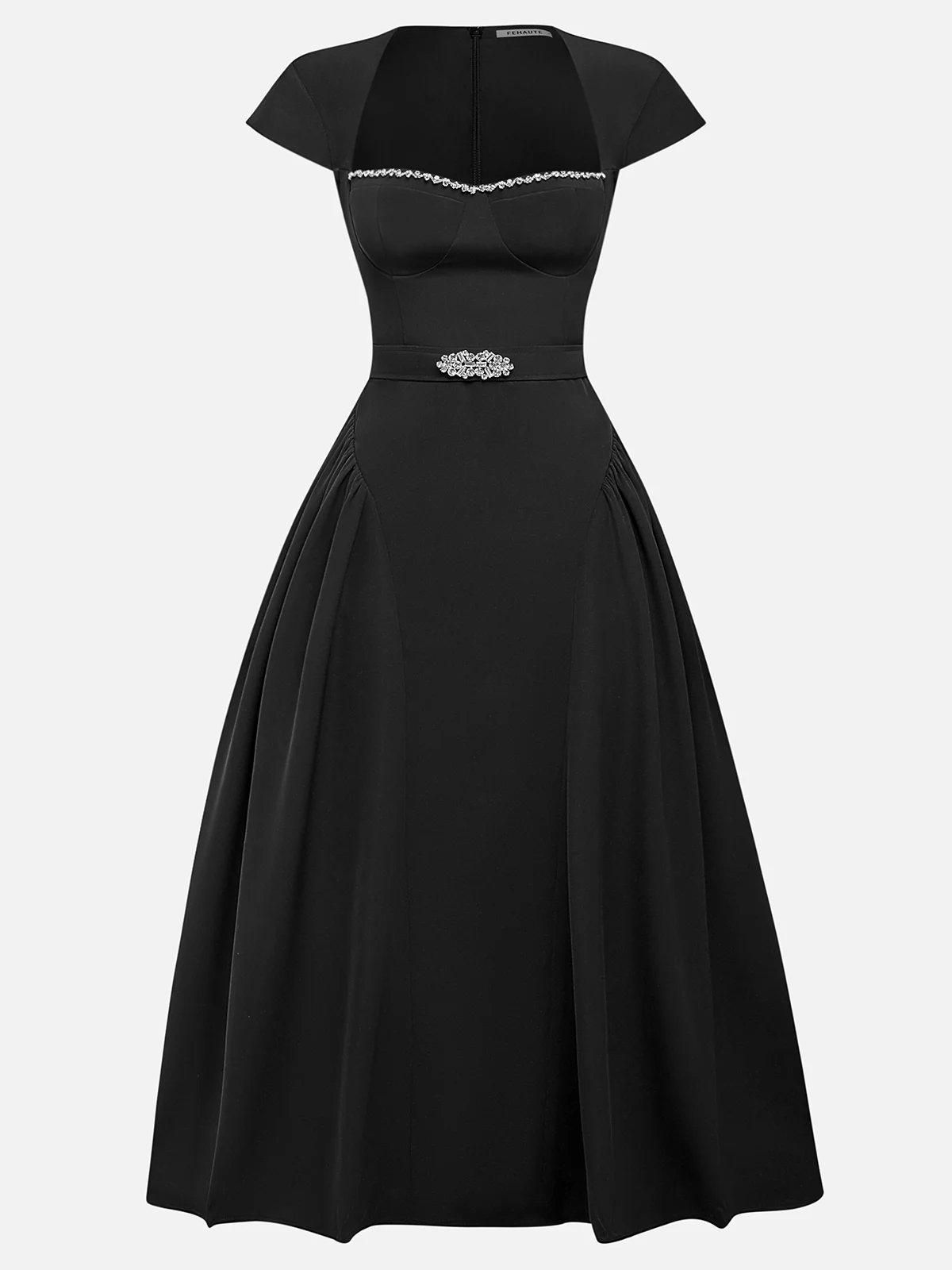 Black Rhinestone Pleated  Sweetheart Neckline Cap Sleeve A-Line Midi Dress