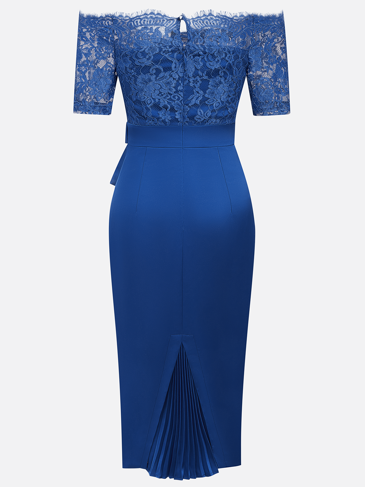 Blue Lace Pleated Bow Off The Shoulder Sheath Midi Dress