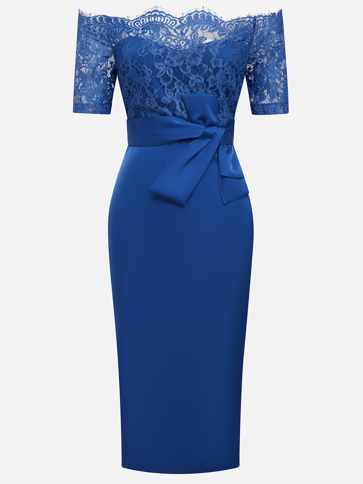 Blue Lace Pleated Bow Off The Shoulder Sheath Midi Dress
