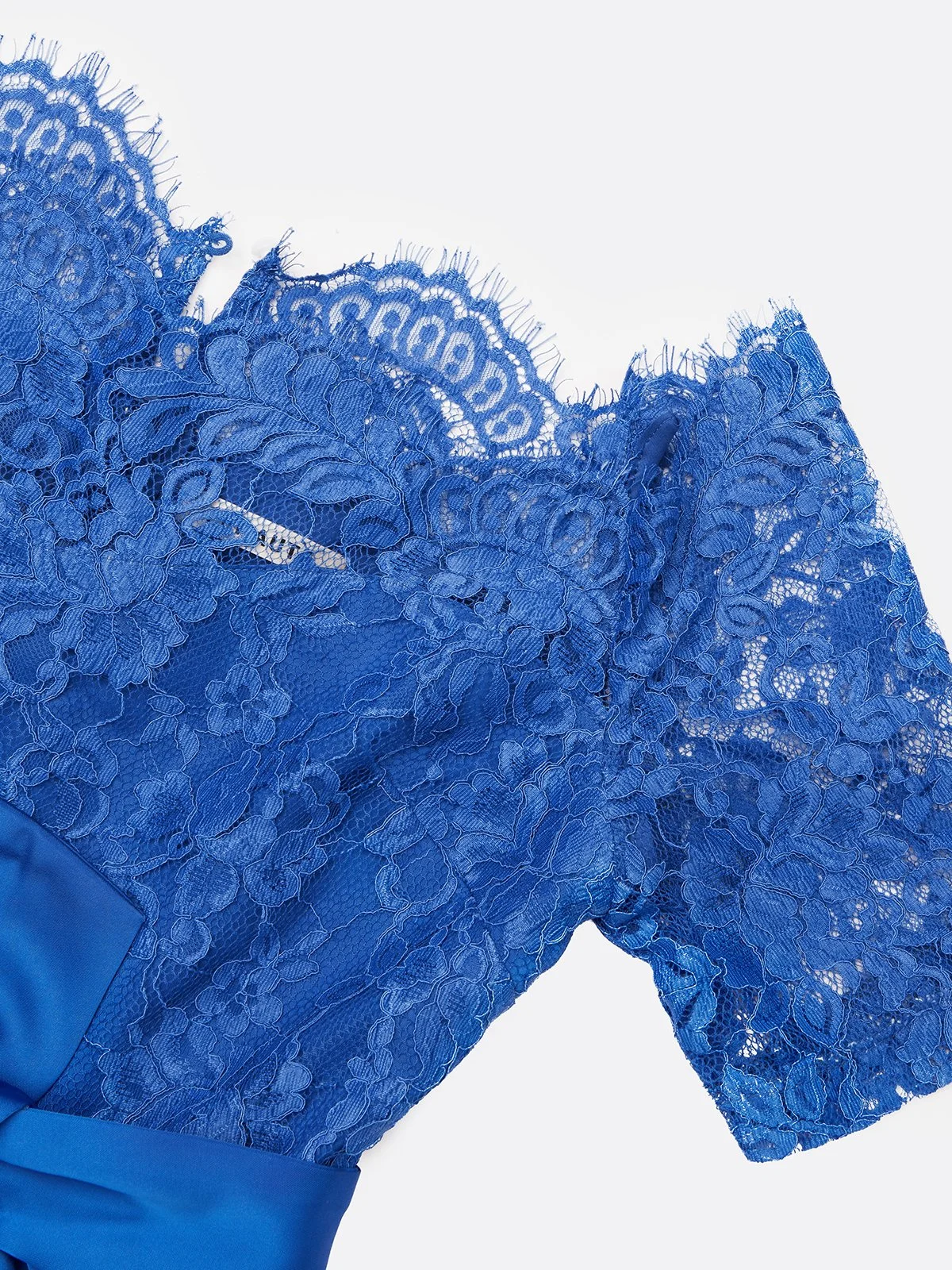 Blue Lace Pleated Bow Off The Shoulder Sheath Midi Dress