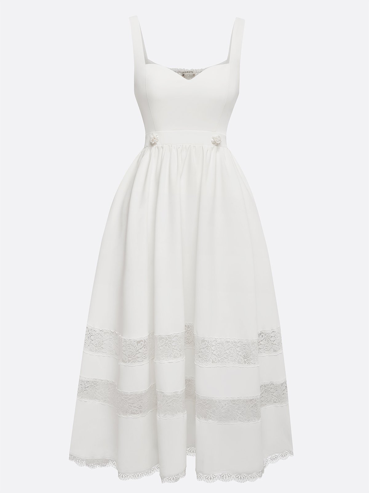 White Beaded Lace Spaghetti Sleeveless A-Line Midi Dress