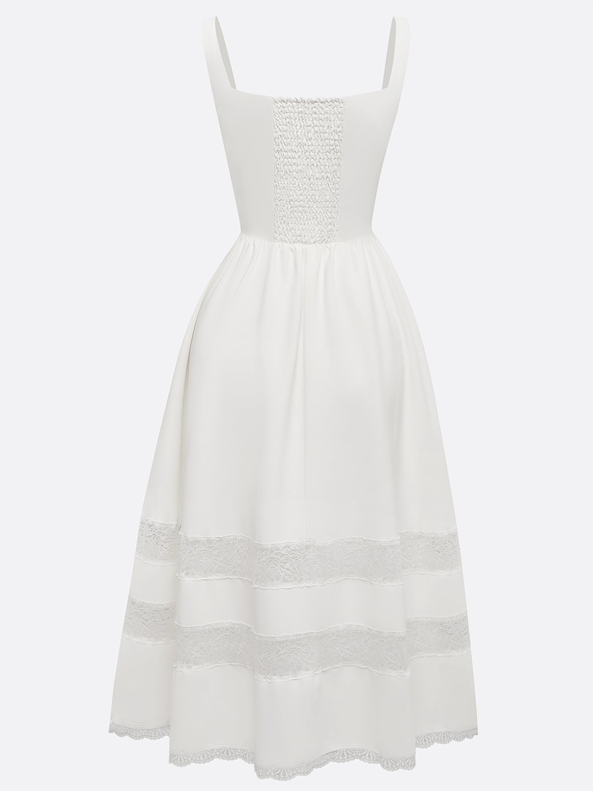 White Beaded Lace Spaghetti Sleeveless A-Line Midi Dress