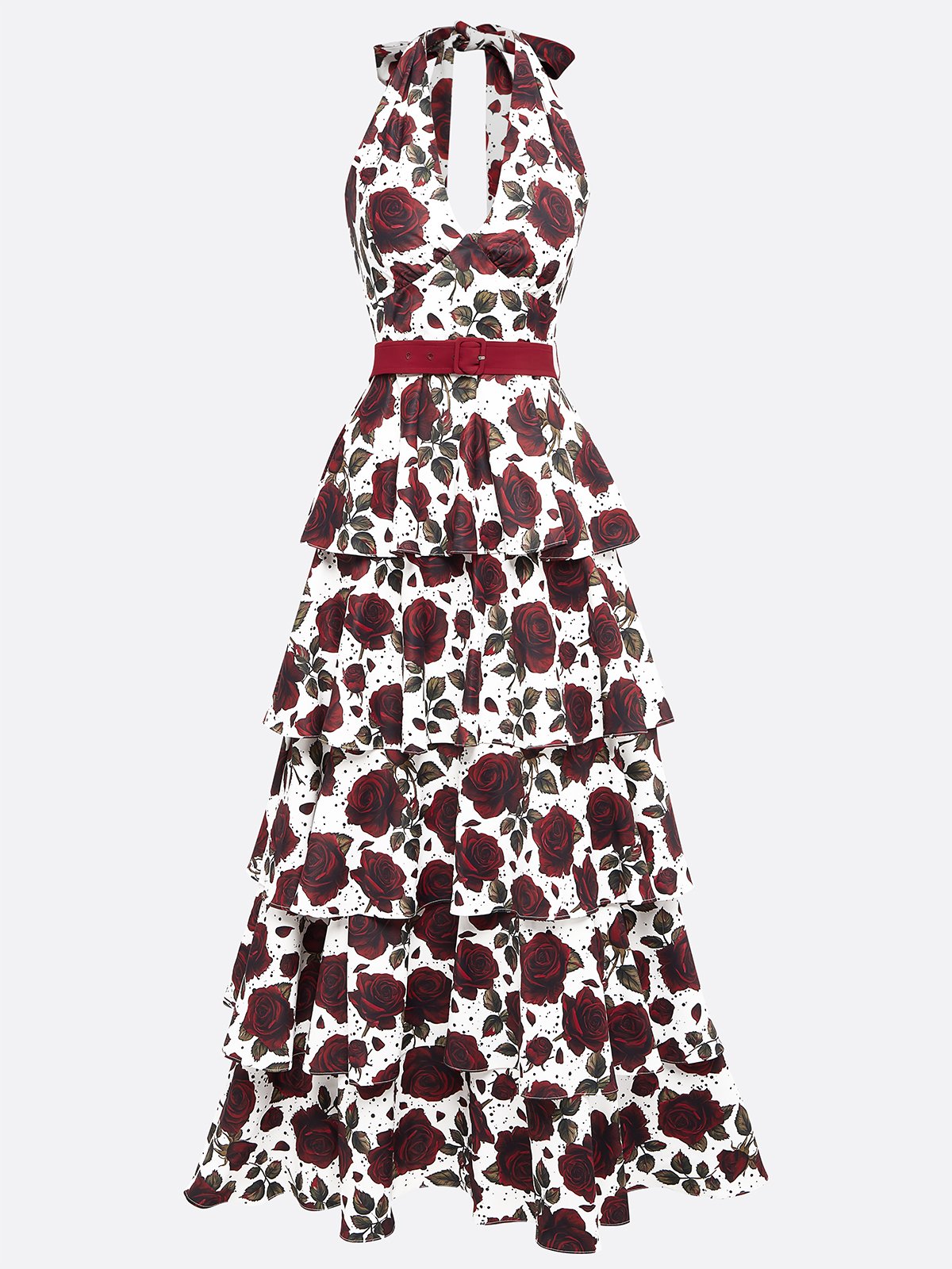 Wine Red Printing Ruffle Skirt Halter Sleeveless A-Line Maxi Dress