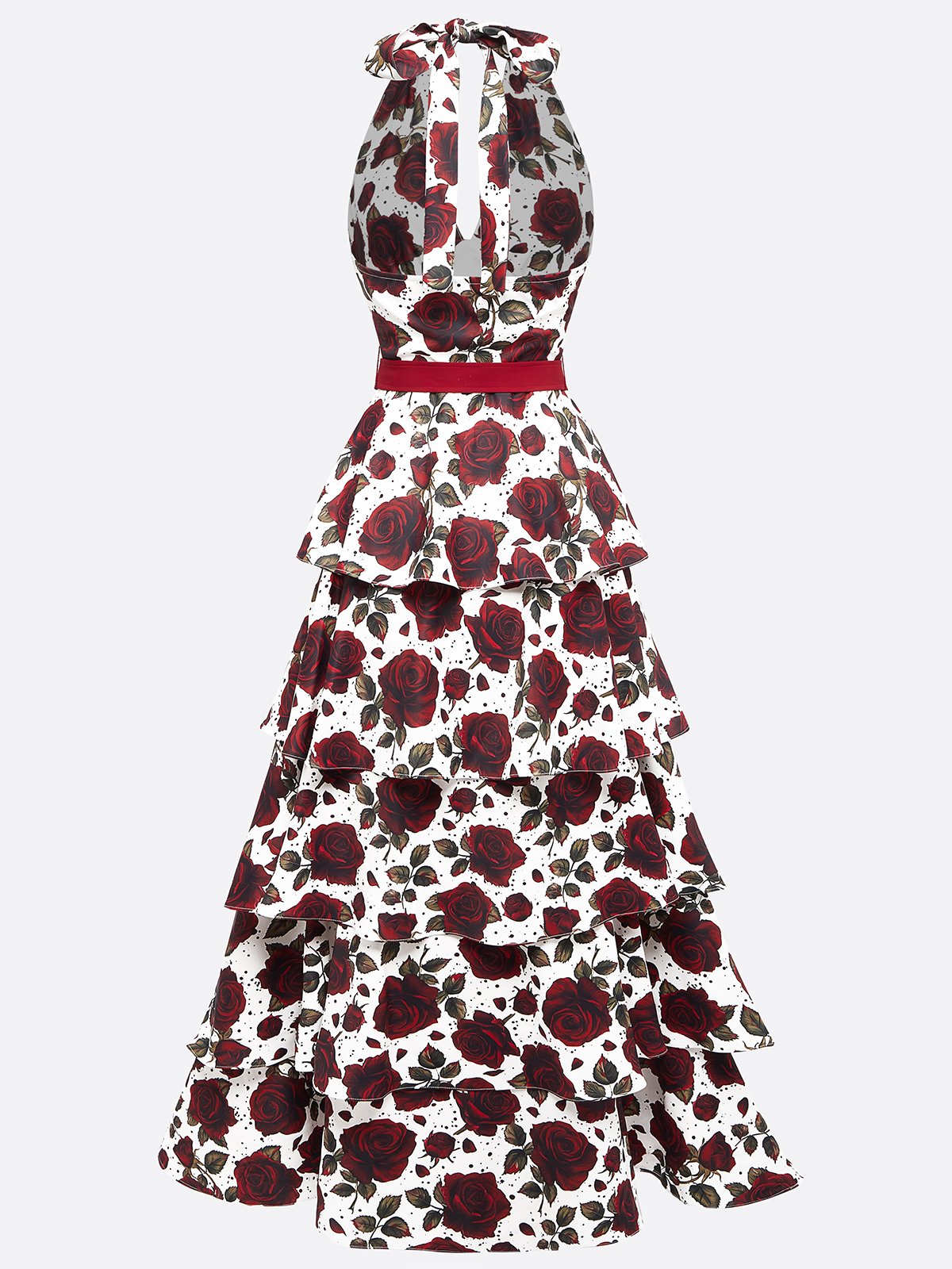 Wine Red Printing Ruffle Skirt Halter Sleeveless A-Line Maxi Dress