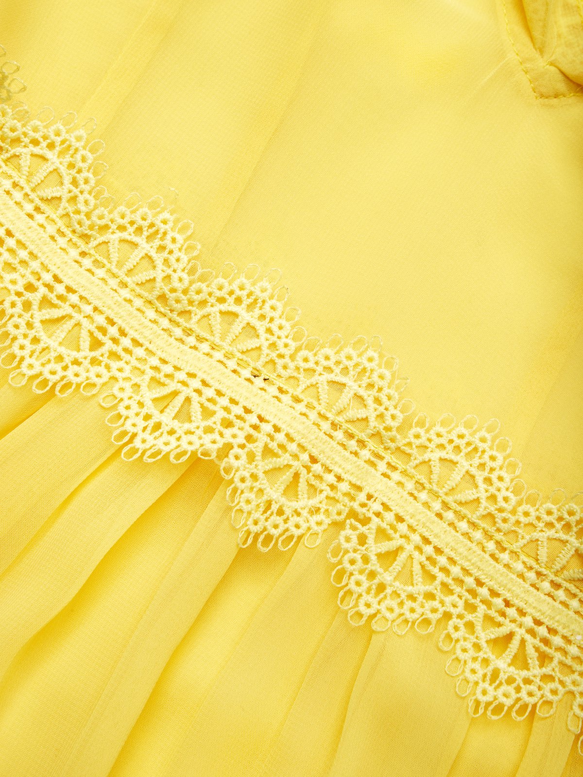 Yellow Gathered Lace Chiffon V Neck Half Sleeve Raglan Sleeves Sheath Midi Dress