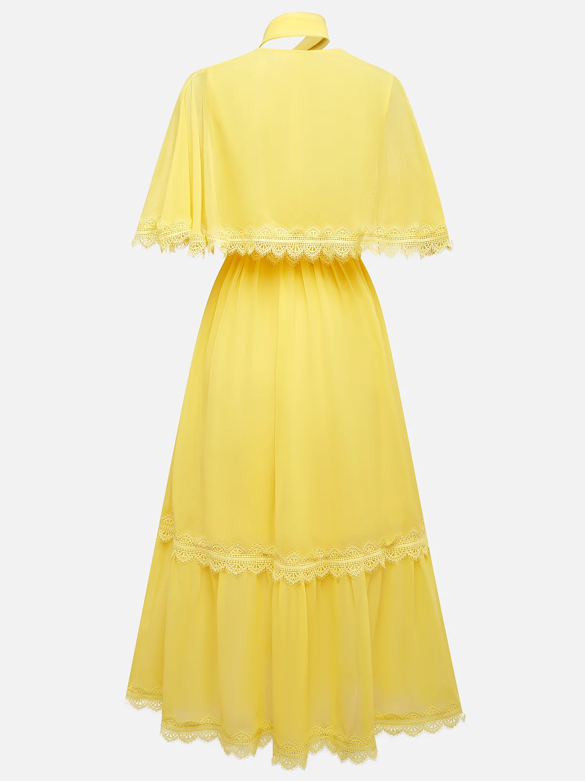 Yellow Gathered Lace Chiffon V Neck Half Sleeve Raglan Sleeves Sheath Midi Dress