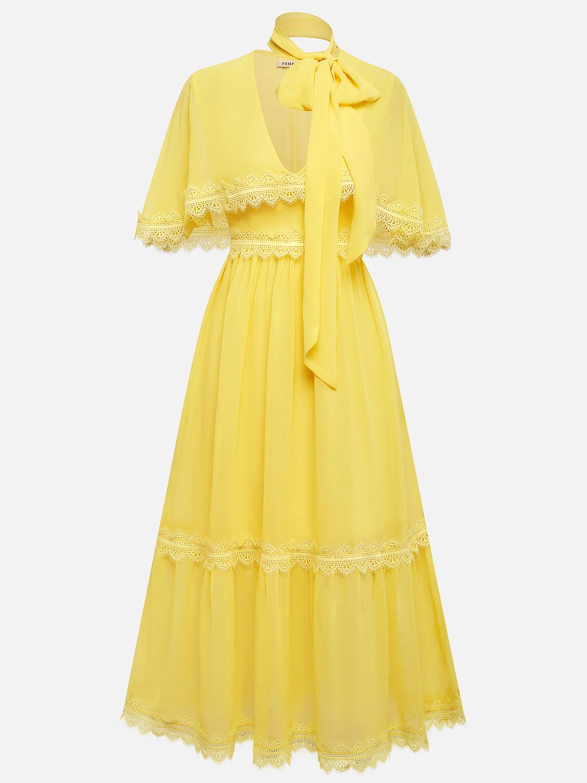 Yellow Gathered Lace Chiffon V Neck Half Sleeve Raglan Sleeves Sheath Midi Dress