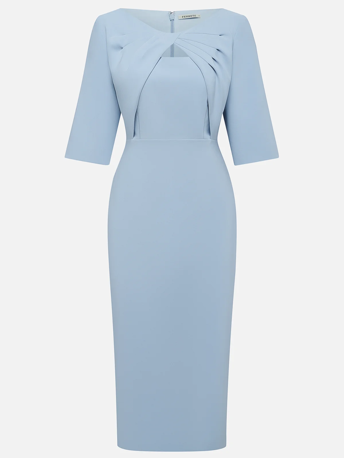 Light Blue Ruched Boat Neck Half Sleeve Sheath Midi Dress