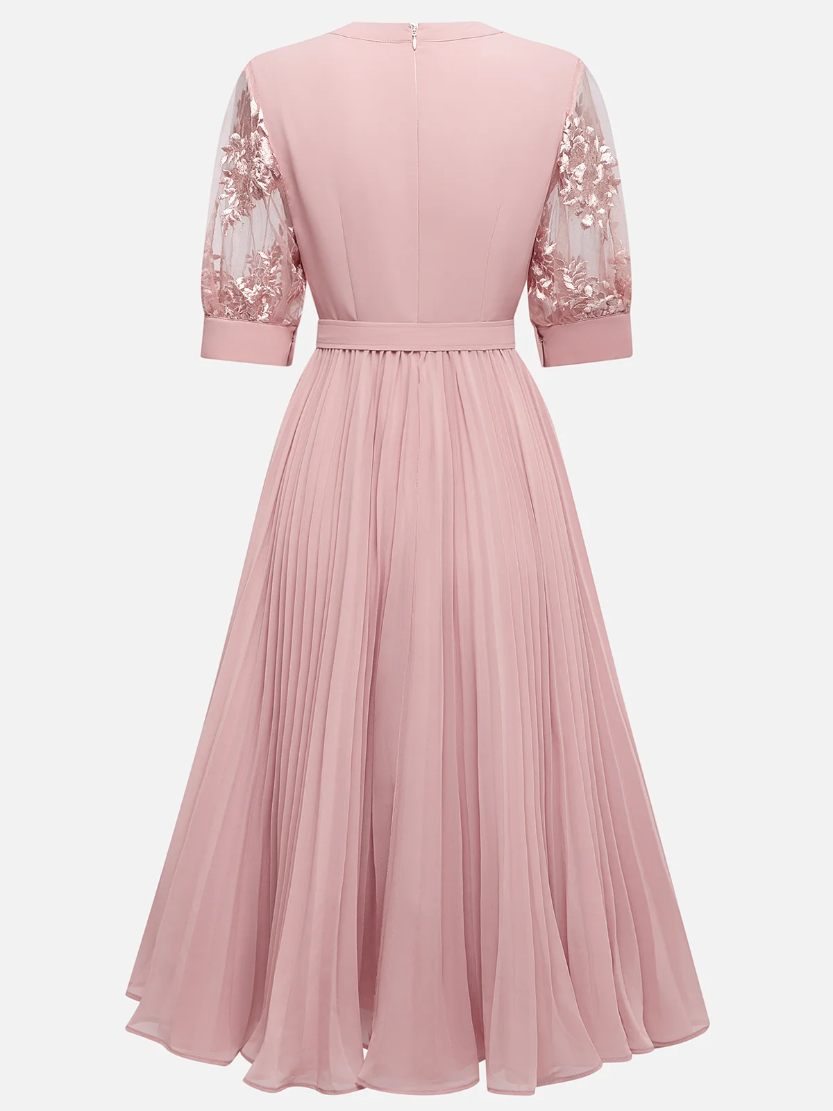 Pink Pleated Lace V Neck A-Line Midi Chiffon Dress