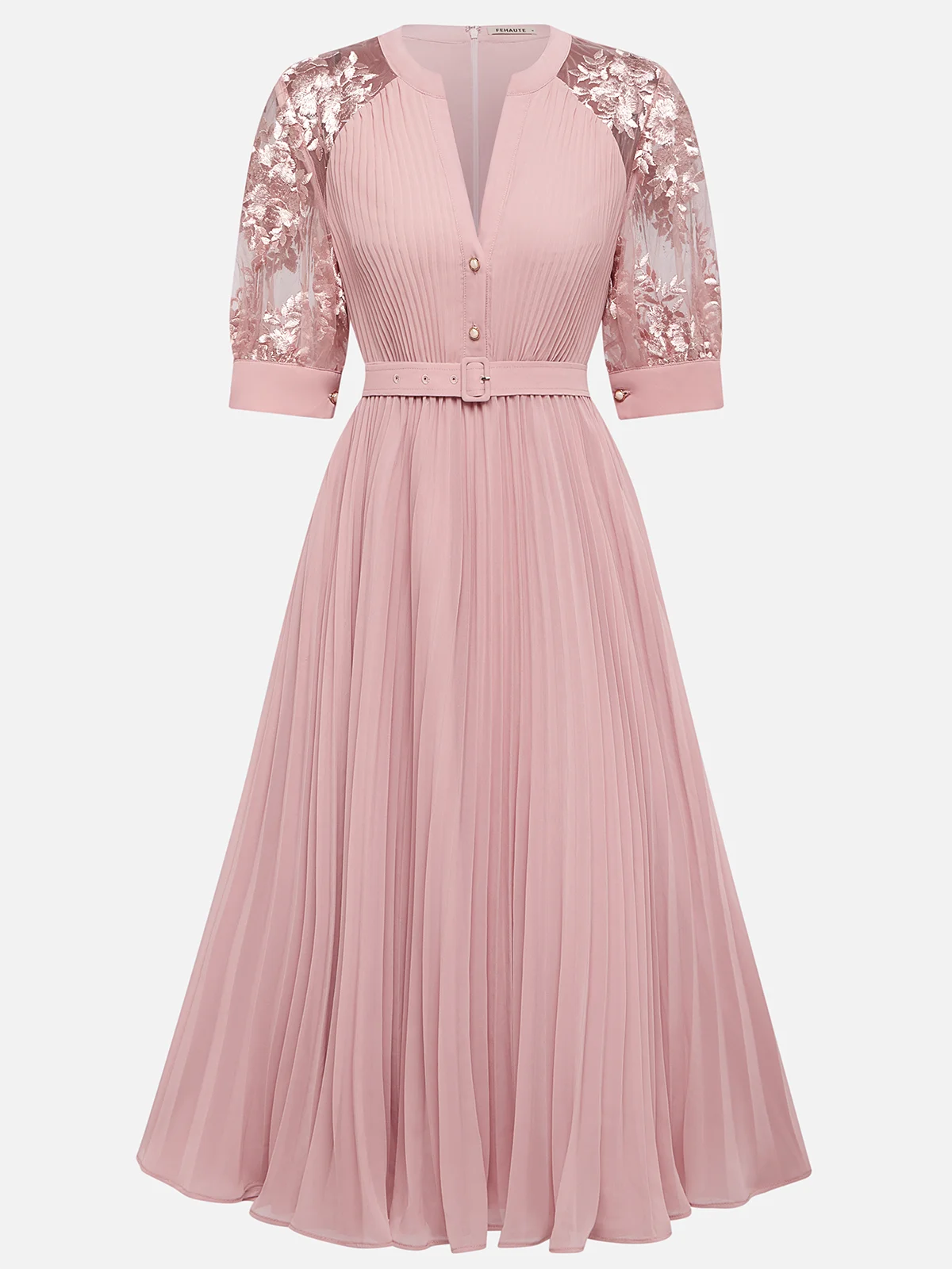 Pink Pleated Lace V Neck A-Line Midi Chiffon Dress