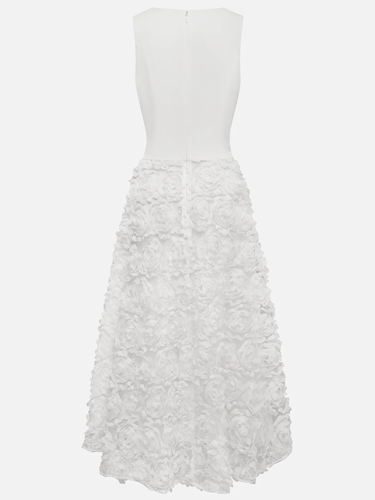 White 3D Floral Boat Neck A-Line Midi Dress
