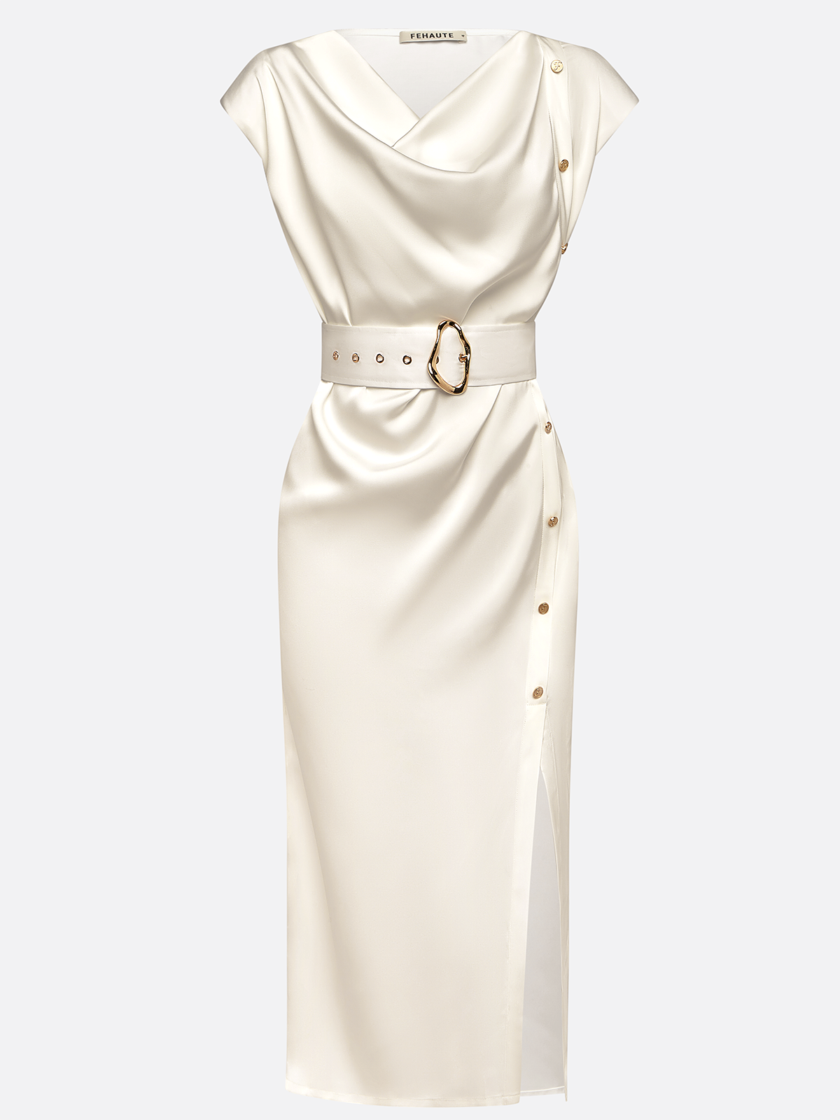 White Buckle Satin Cowl Neck Sleeveless H-Line Maxi Dress