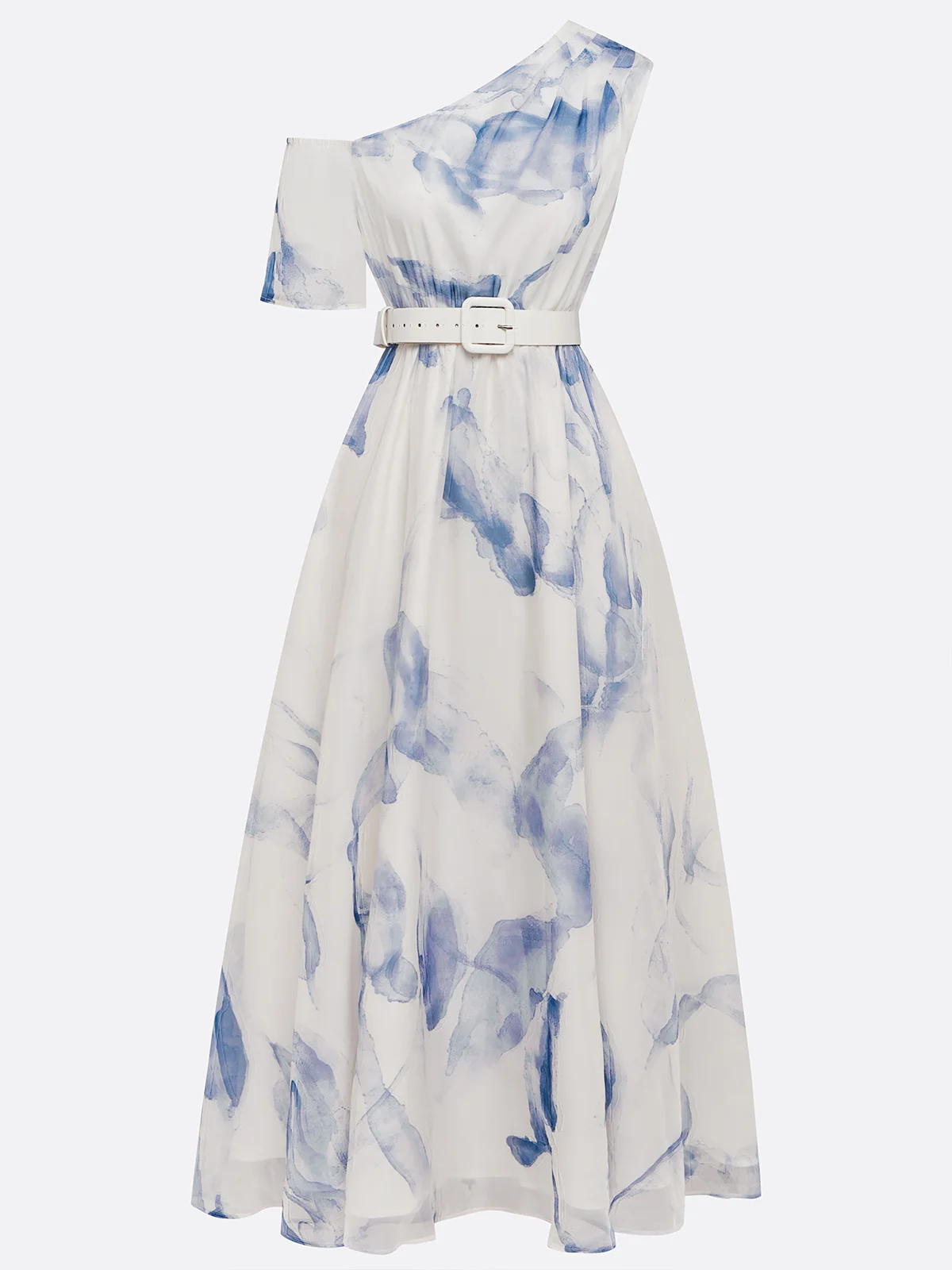 Blue Slit Chiffon One Shoulder Short Sleeve A-Line Maxi Dress