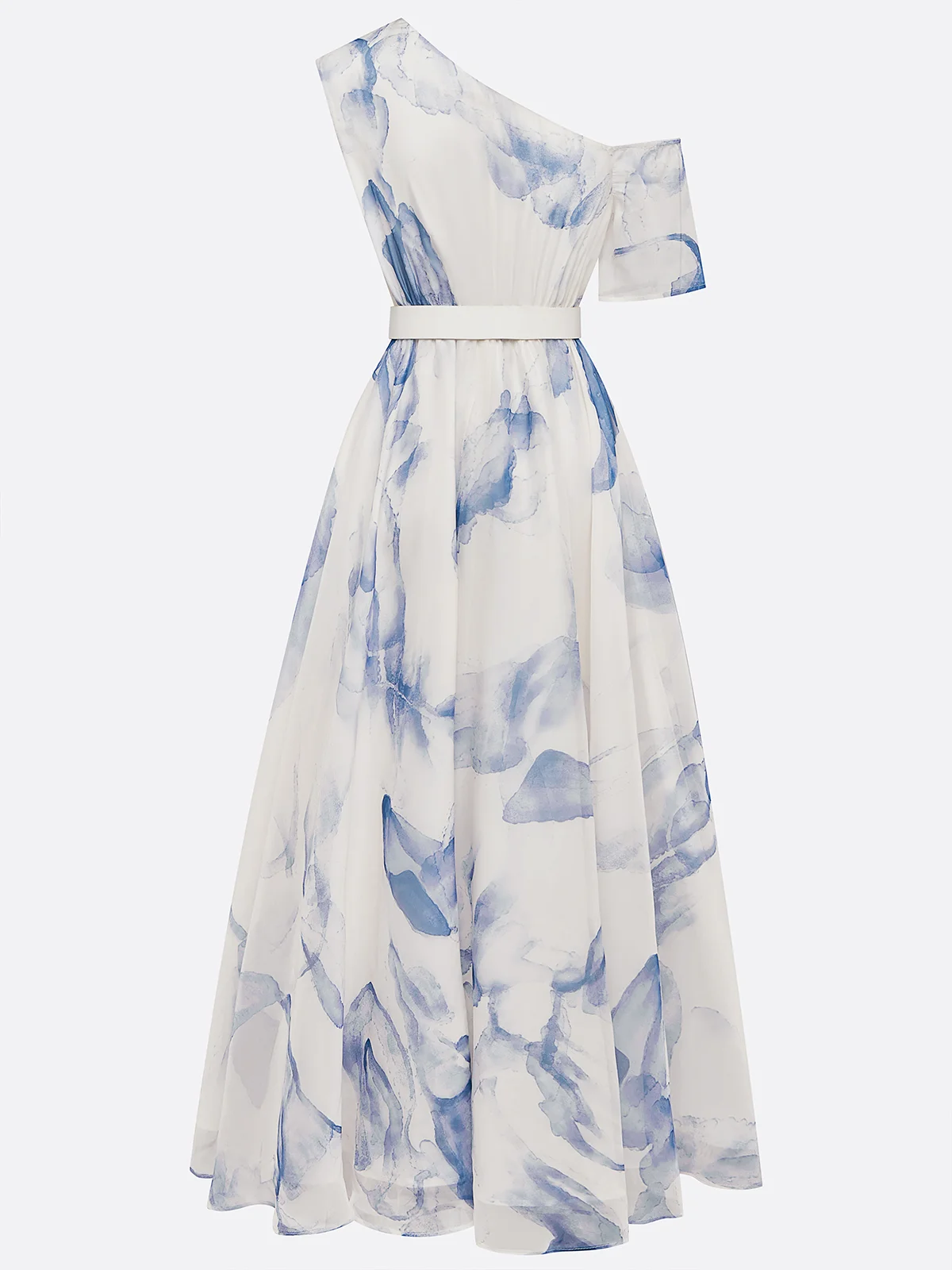 Blue Slit Chiffon One Shoulder Short Sleeve A-Line Maxi Dress