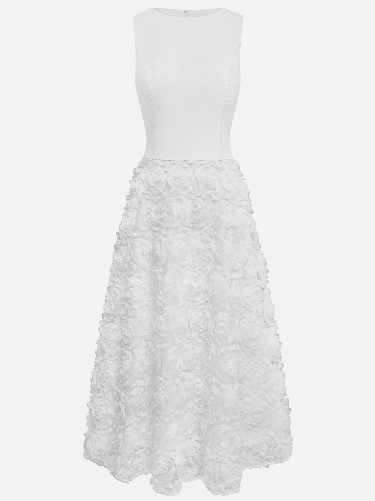 White 3D Floral Boat Neck A-Line Midi Dress