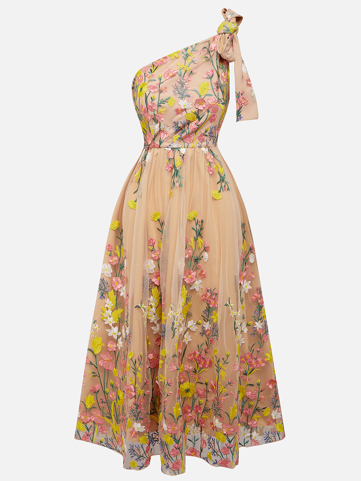 Green Embroidery Floral Classic One Shoulder Sleeveless A-Line Midi Dress