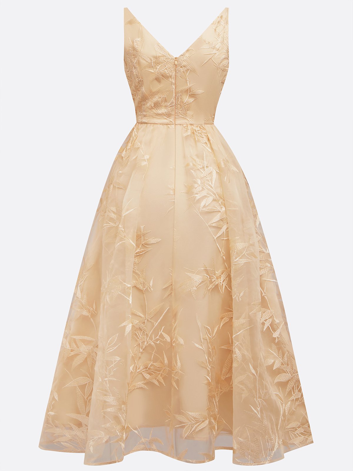 Beige 3D Floral Classic V Neck Sleeveless A-Line Midi Dress