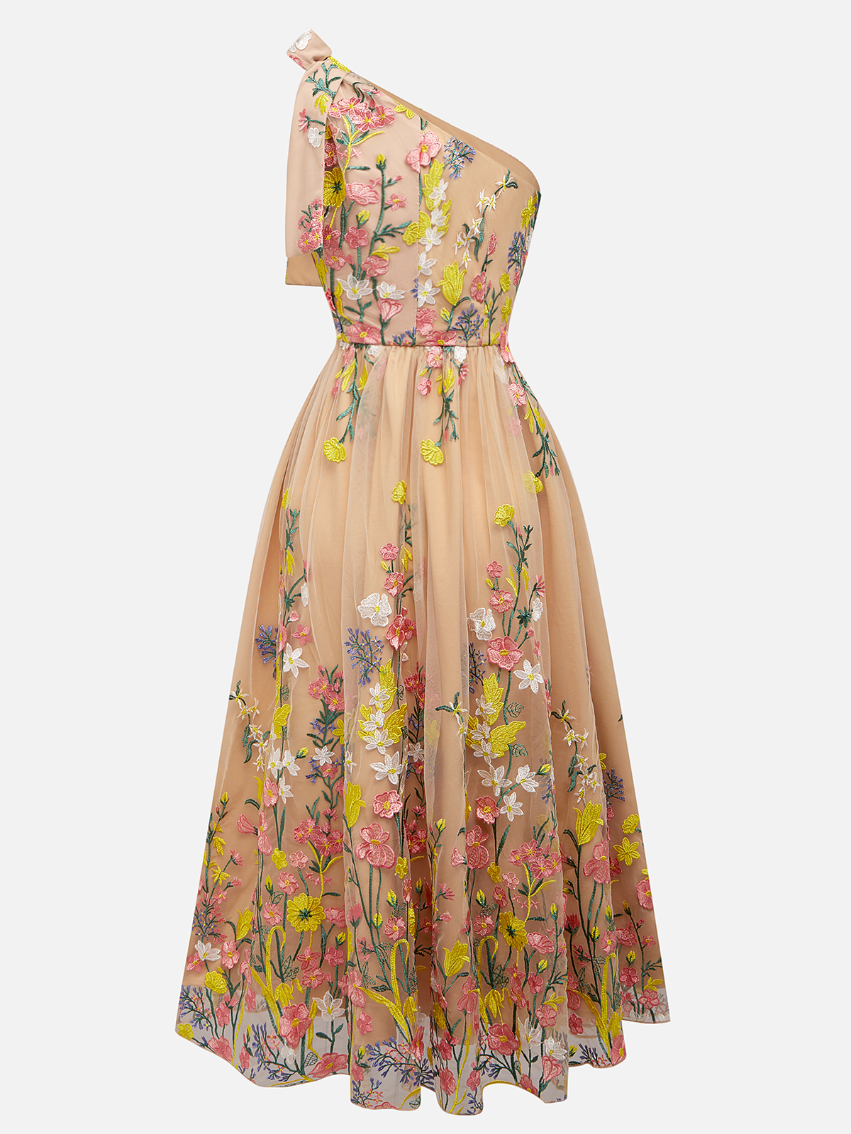 Green Embroidery Floral Classic One Shoulder Sleeveless A-Line Midi Dress