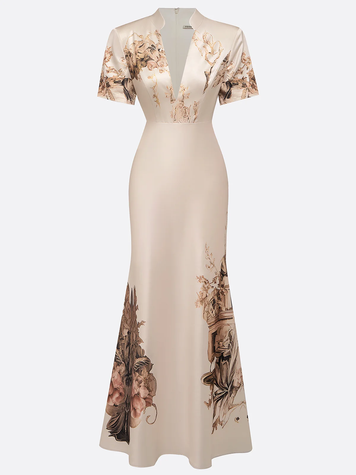 Beige Classic Deep V Neck Short Sleeve Mermaid Gown Dress