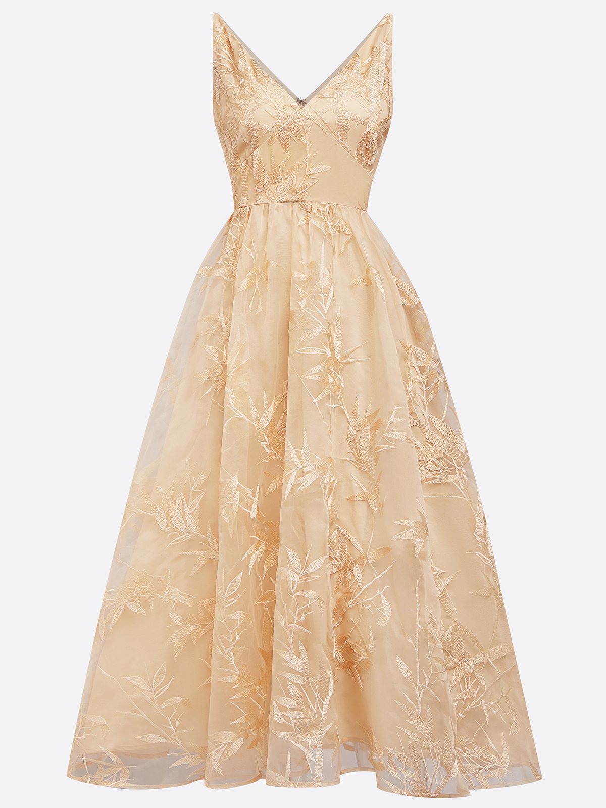 Beige 3D Floral Classic V Neck Sleeveless A-Line Midi Dress