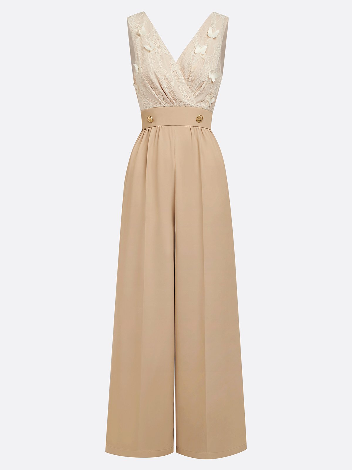 Women Apricot V Neck Sleeveless Jumpsuit