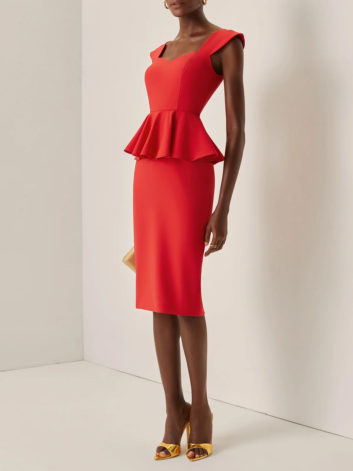 Red Peplum Sweetheart Neckline Sleeveless Sheath Midi Dress