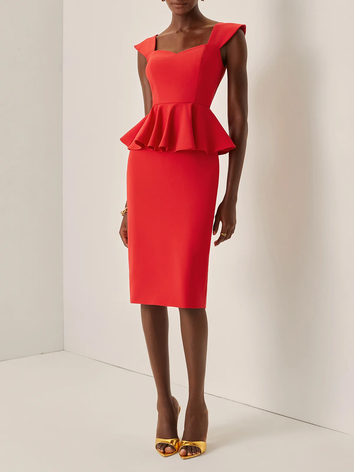 Red Peplum Sweetheart Neckline Sleeveless Sheath Midi Dress