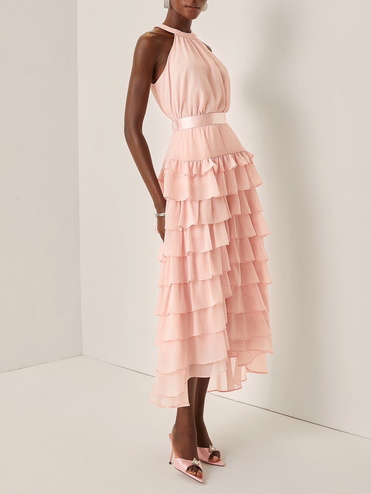 Pink Peplum Chiffon Halter Sleeveless A-Line Maxi Dress