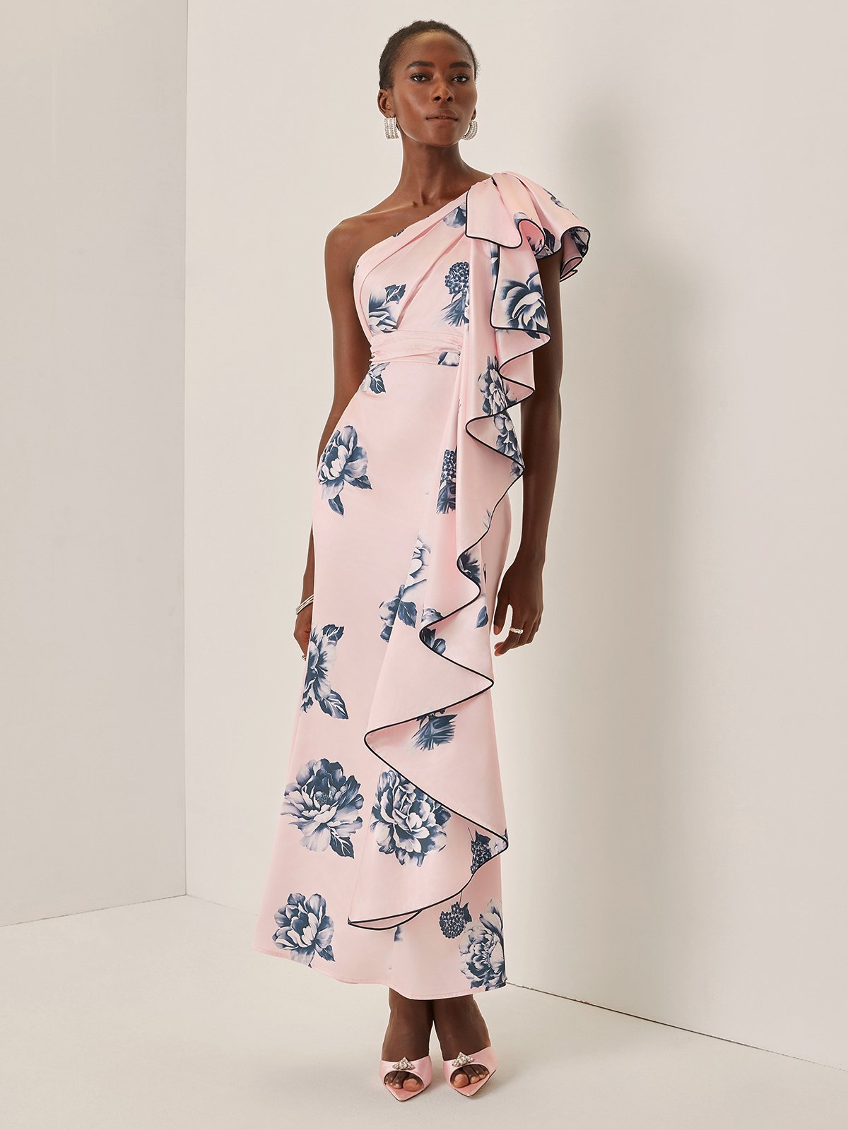 Pink Printing Peplum Satin One Shoulder Sleeveless Sheath Maxi Dress